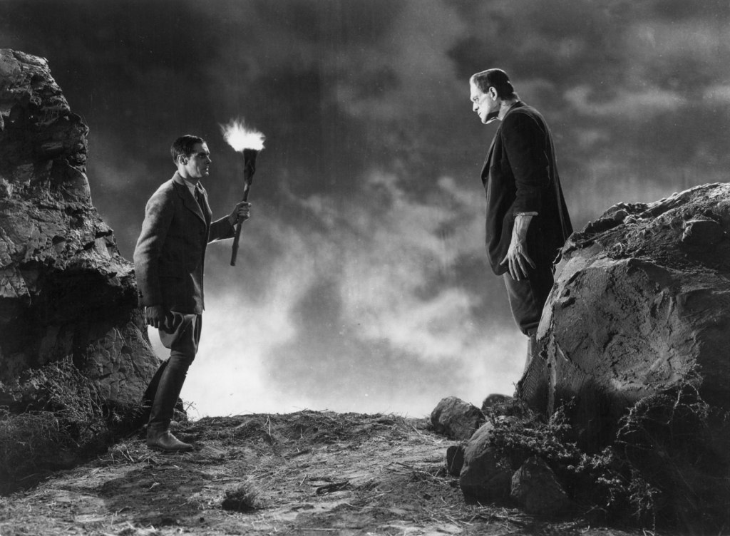 Cena do filme Frankenstein (1931), onde a criatura de Victor se encontra parada em frente a uma homem que segura uma tocha. A paisagem é rochosa e a imagem é em preto e branco.